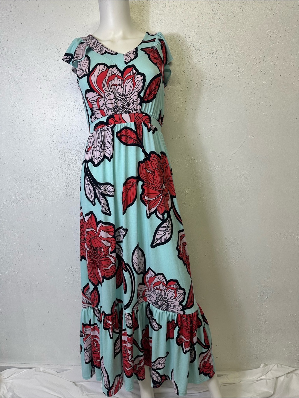 IMAN Aqua Maxi Dress with Red Floral Print